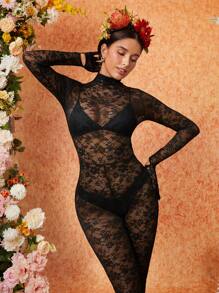 LEYU Designer Mock Neck Stirrup Hem Lace Unitard Jumpsuit Without Lingerie Set, Fall Women Clothes, For Autumn, Holiday - Black - View 3