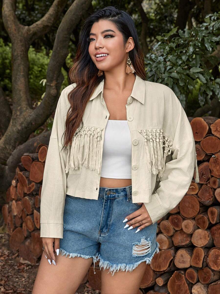 SHEIN VCAY 大碼流蘇邊前紐扣夾克 - 米色 - 查看 1