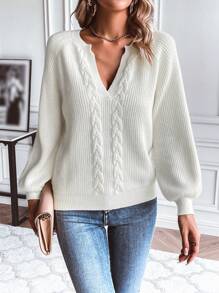 SHEIN LUNE Jersey de cuello con muesca y mangas raglán de punto de cable para otoño e invierno - Blanco - Ver 4