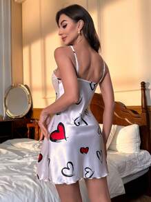 Heart Print Satin Cami Pajama Nightdress Luxeloungewear