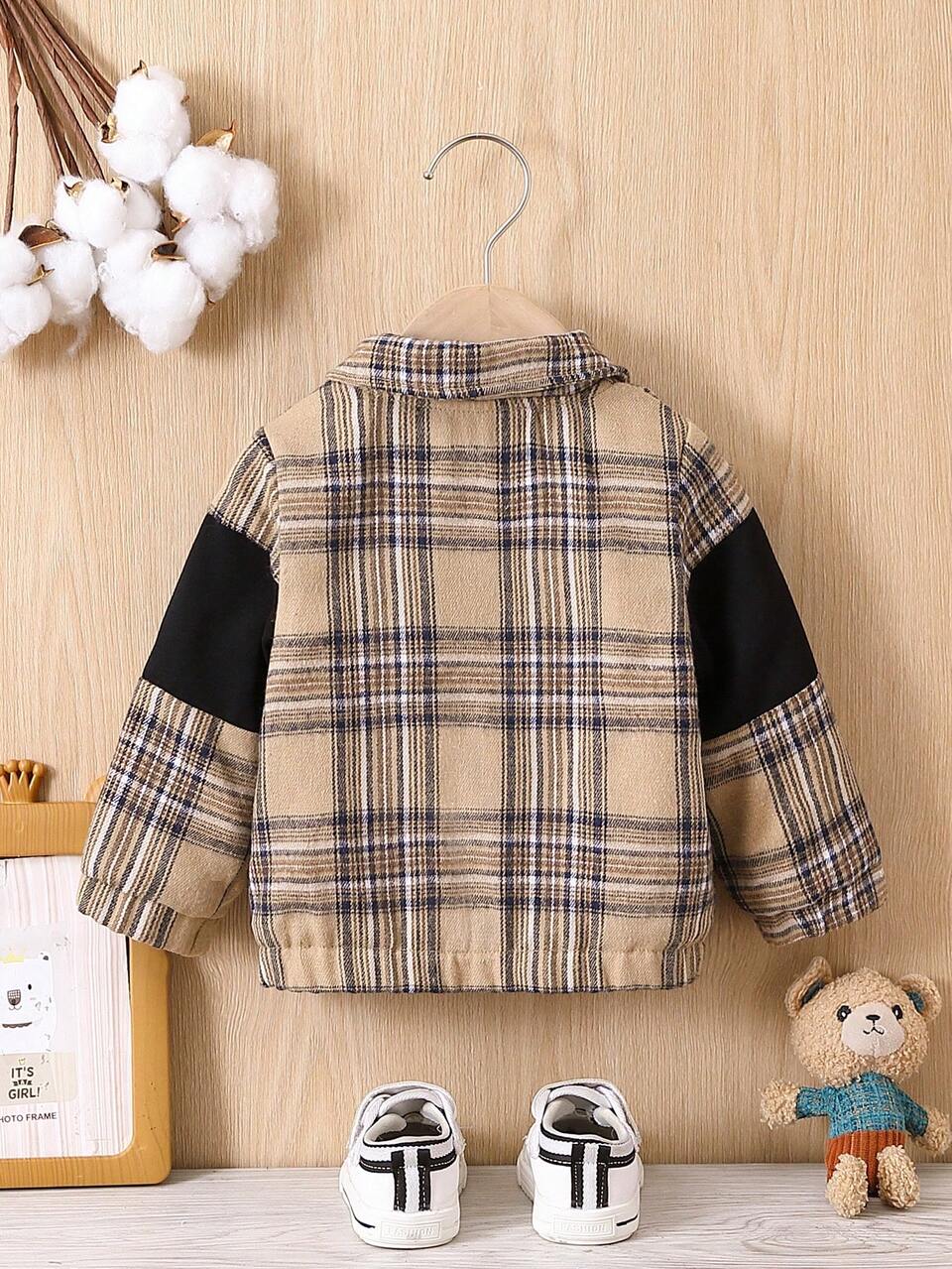 Baby Girl Plaid Print Zip Up Flap Pocket Jacket Without Tee