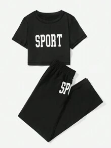 Letter Graphic Crop Tee & Pants Sports Set - Black - View 6