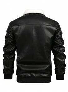 Manfinity Homme 男士时尚博格领拉链夹克，秋季外出黑色长袖拼色 PU 皮夹克，适合朋友、丈夫、男朋友的礼物，垃圾摇滚 - 黑色 - 查看 2