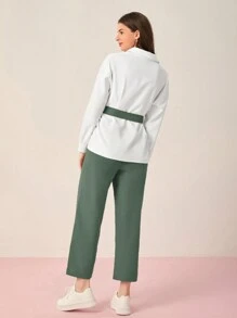Mulvari 雙色不對稱下擺腰帶上衣和褲子 - 綠色 - 查看 2