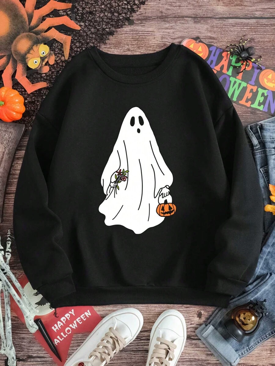SHEIN Unity Hơn Bản in Halloween Lót nhiệt Áo nỉ - màu đen - Xem 1