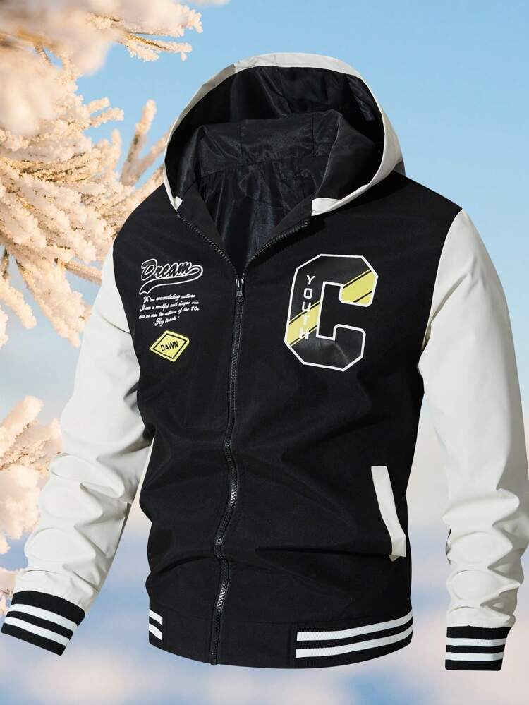 Men Letter Graphic Striped Trim Hooded Jacket