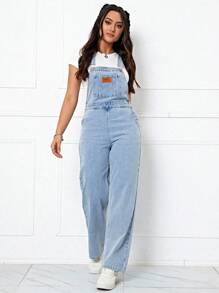 Flexra Letter Patched Pocket Front Denim Overalls Without Tee - Light Wash - View 3