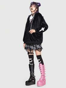 ROMWE Kawaii Cross Embroidery Letter Graphic Drawstring Zip Up Velvet Hooded Jacket - Black - View 6