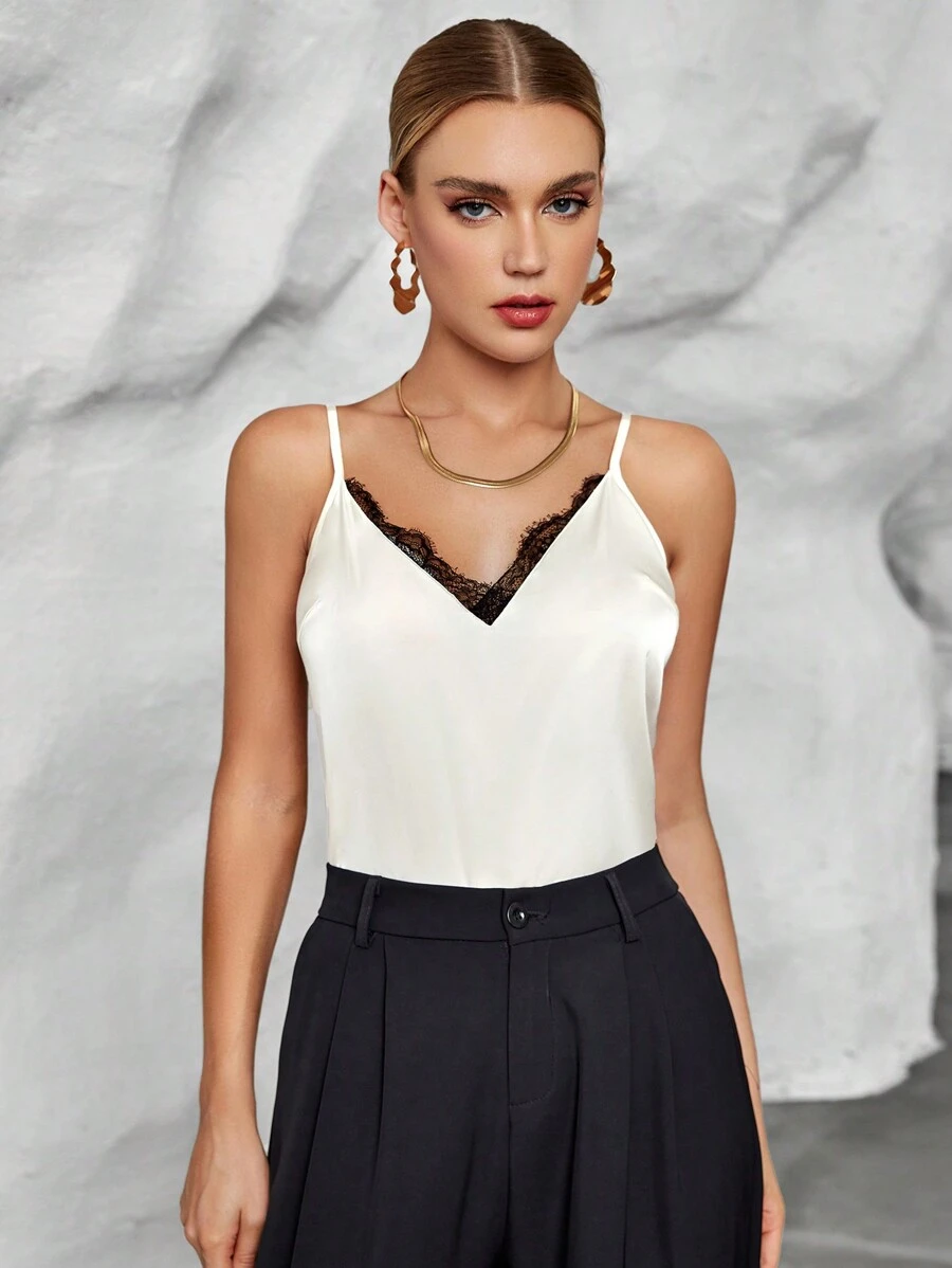 SHEIN Privé Lace Trim Cami Top - Beige - View 1