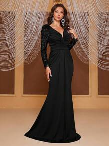 YISIKADO Mesh Insert Ruched Floor Length Formal Dress - Black - View 1