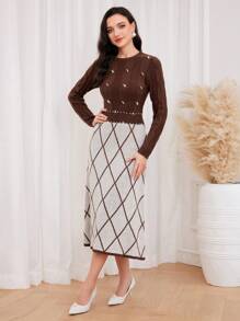 Modelyn Argyle Pattern Pearls Beaded Sweater Dress - Coffee Brown - View 6