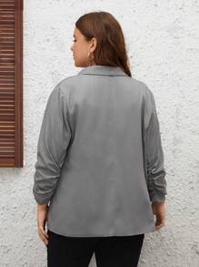 SHEIN LUNE Plus Shawl Collar Ruched Sleeve Open Front Blazer - Grey - View 2