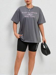 SHEIN EZwear 大碼刺繡字母圖案落肩T恤 - 灰色 - 查看 3