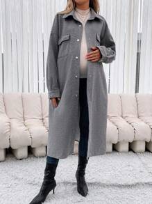 SHEIN Maternity Flap Pocket Drop Shoulder Coat - Light Grey - View 5