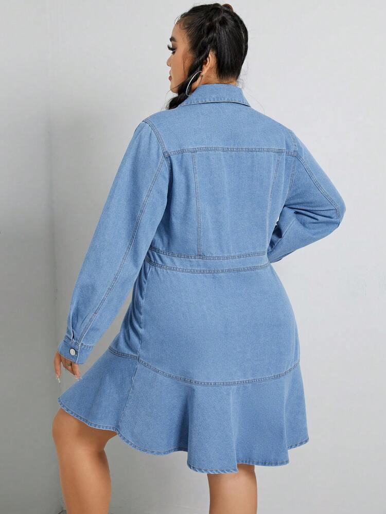Plus Flap Pocket Ruffle Hem Denim Dress