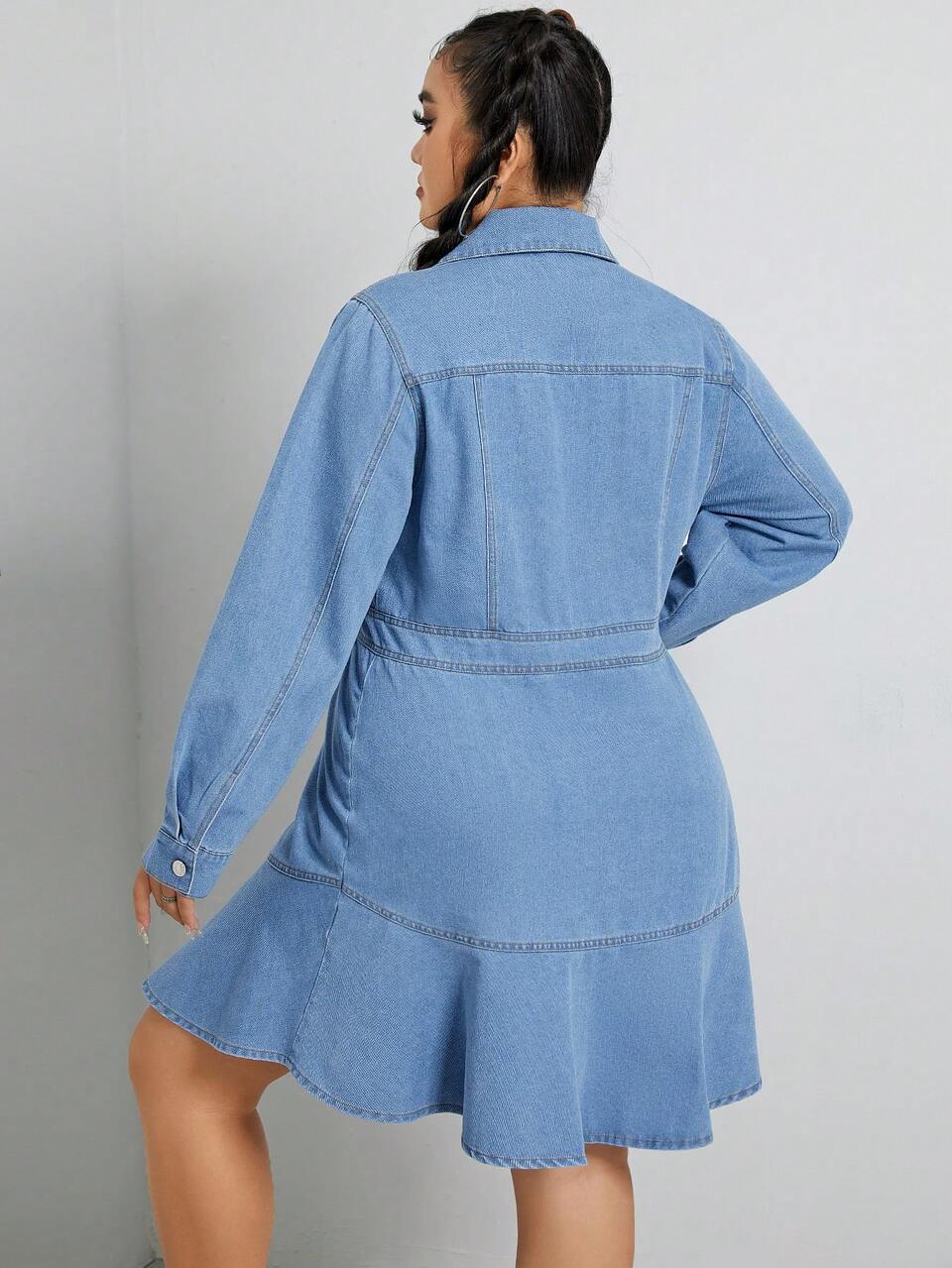 Plus Flap Pocket Ruffle Hem Denim Dress