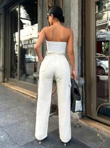 SHEIN Cottnline Kieszenie z klapką z boku Dżinsy cargo - Beżowy - Zobacz 2