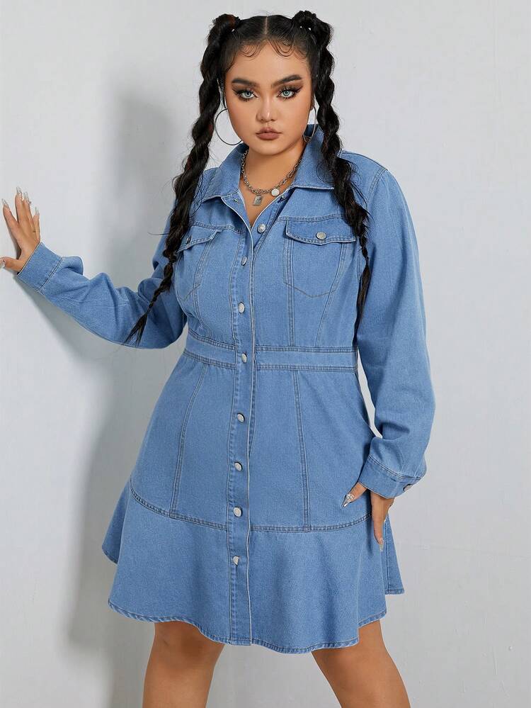 Plus Flap Pocket Ruffle Hem Denim Dress
