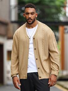 Manfinity Homme Men Solid Cable Knit Button Up Cardigan - Brown - View 4