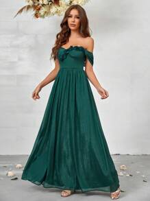 SHEIN Belle Váy cô dâu lệch vai - màu xanh lá - Xem 5