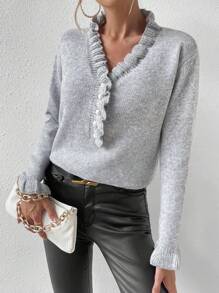 SHEIN Essnce 褶邊荷葉袖套頭毛衣 - 淺灰色 - 查看 6