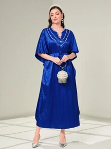Al Najma Jacquard Notched Neck Faux Pearl Decor Batwing Sleeve Kaftan - Blue - View 1