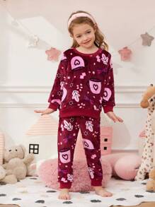 Young Girl Star & Leaf Print PJ Set - Burgundy - View 1