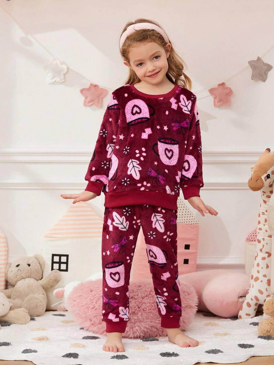 Young Girl Star & Leaf Print PJ Set - Burgundy - View 1