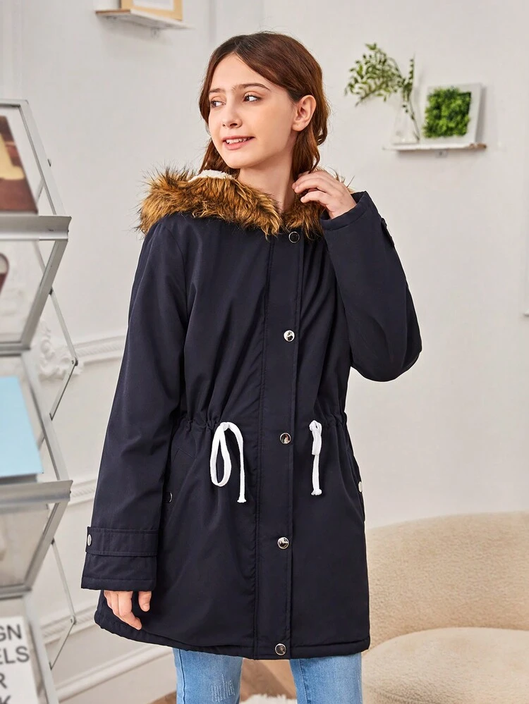 Teen Girl Drawstring Waist Fuzzy Trim Hooded Thermal Lined Coat