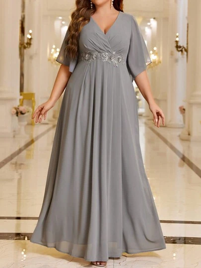 SHEIN Belle 加贴花荷叶边袖雪纺伴娘礼服优雅正式晚会舞会婚礼宾客礼服，适合毕业典礼、晚宴派对礼服