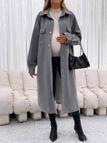 SHEIN Maternity Flap Pocket Drop Shoulder Coat - Light Grey - View 1