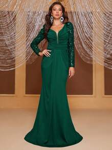 YISIKADO Vestido de vestir con lentejuela en contraste de malla fruncido bajo sirena - Verde Oscuro - Ver 1