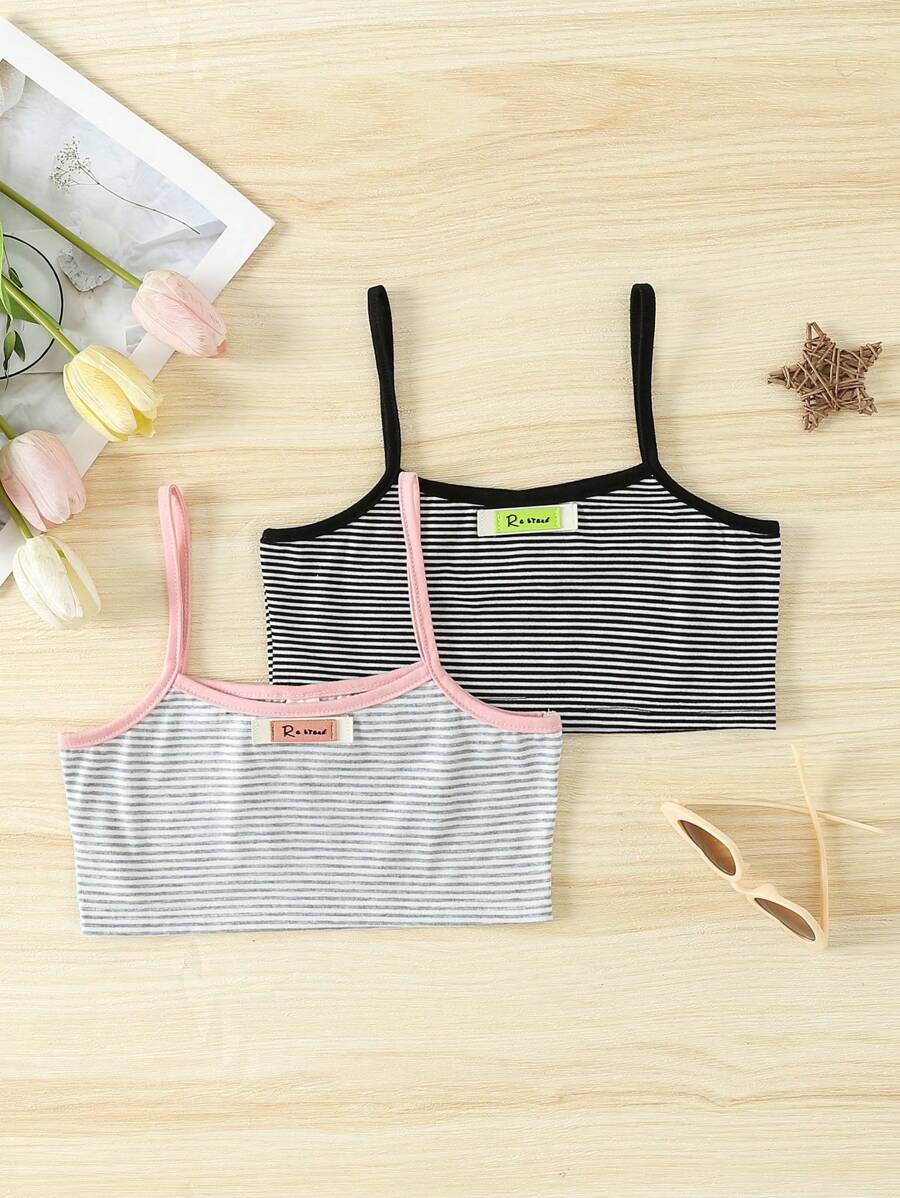 Tween Girl 2pcs Striped Contrast Binding Cami Bralette