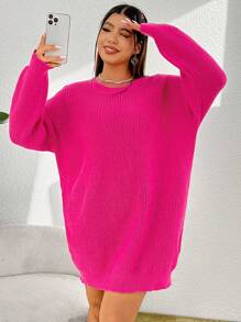 SHEIN EZwear Hơn Thả vai Đầm Áo len Không có thắt lưng - Màu Hồng Tươi - Xem 7