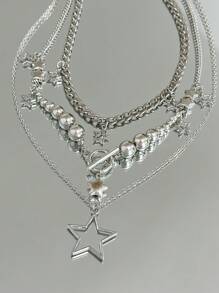 ROMWE Goth 3pcs Fashion Zinc Alloy Star Charm Necklace For Women For Daily Decoration - Silver - View 3