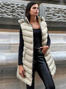 EURMUSE Zip Up Hooded Puffer Vest Coat - Beige - View 4
