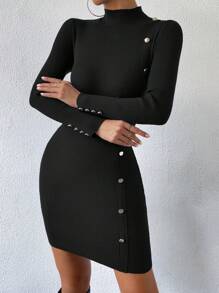 SHEIN Privé 小高領紐扣細節緊身毛衣洋裝 - 黑色 - 查看 3