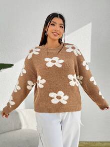 SHEIN EZwear 大碼花卉圖案落肩袖套頭毛衣 - 彩色 - 查看 1