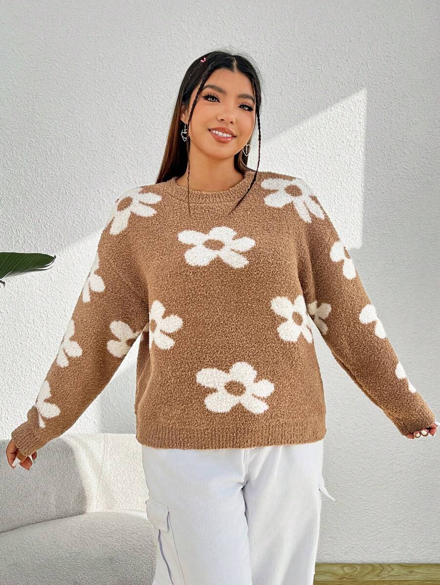 SHEIN EZwear 大碼花卉圖案落肩袖套頭毛衣 - 彩色 - 查看 1