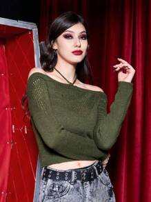 ROMWE PUNK Solid Halter Neck Sweater - Army Green - View 3