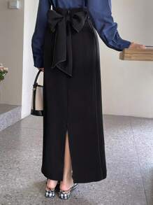 FRIFUL Solid Split Hem Belted Straight Skirt - Black - View 2