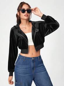 Everlastgraphic Skeleton Hand Print Drop Shoulder Crop Velvet Jacket - Black - View 6