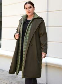 RueChic Plus Double Breasted Quilted Coat - Green - View 3