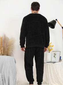 Men Crown Embroidery Flannel PJ Set / Pajama Set - Black - View 2