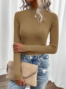 SHEIN Clasi Mock Neck Ribbed Knit Sweater - Camel - View 1