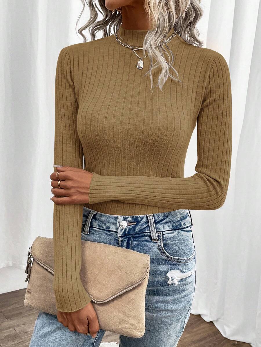 SHEIN Clasi Mock Neck Ribbed Knit Sweater - Camel - View 1