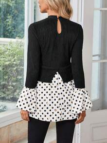 EMERY ROSE Polka Dot Print Flounce Sleeve Peplum Top - Black and White - View 2