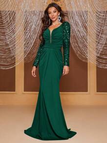 YISIKADO Vestido de vestir con lentejuela en contraste de malla fruncido bajo sirena - Verde Oscuro - Ver 4