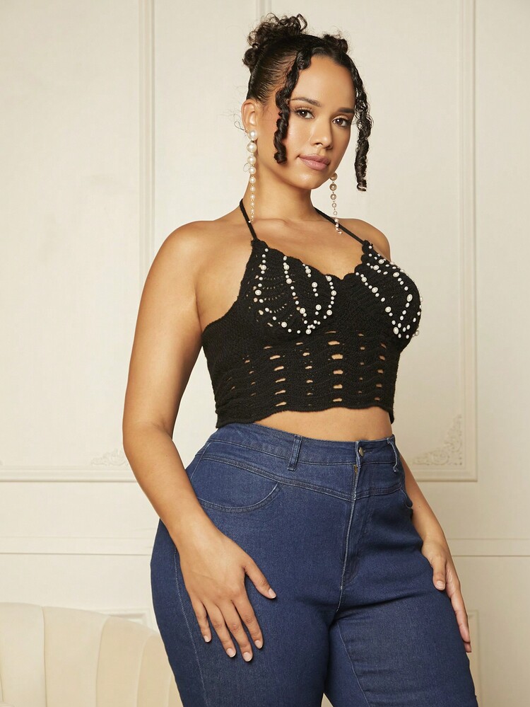 SHEIN SXY Plus Pearls Beaded Tie Backless Halter Knit Top - Black - View 5