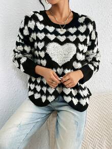 SHEIN Unity Hình trái tim Thả vai Áo len - Đen và trắng - Xem 6